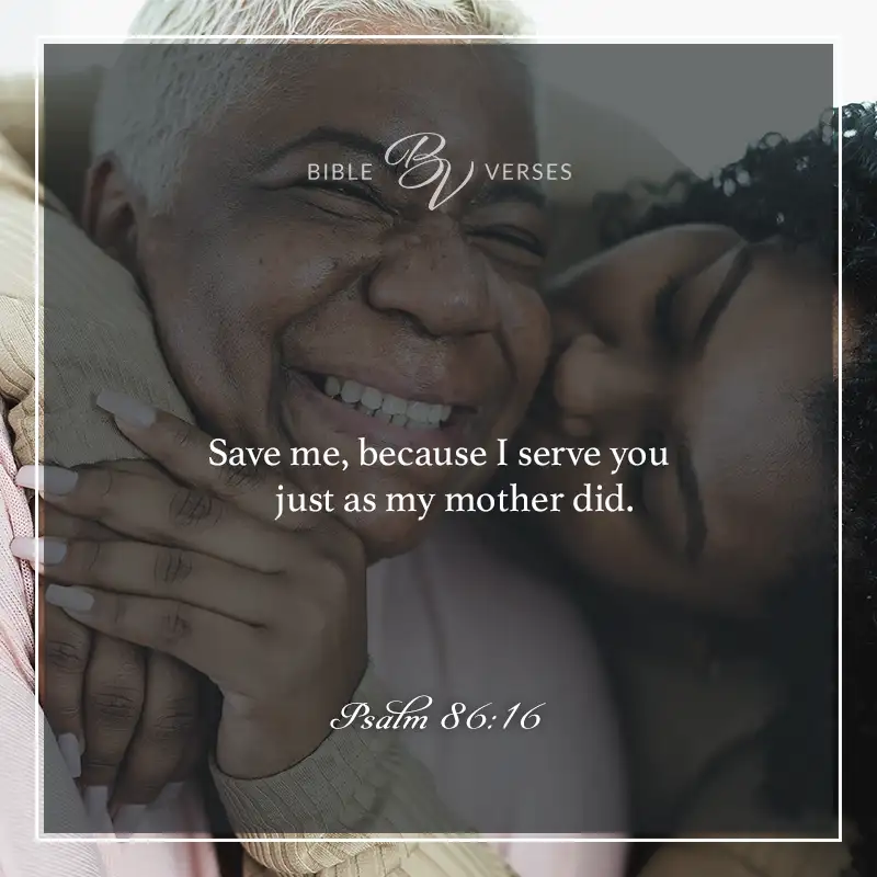 bible verses about mothers

Save me, because I serve you just as my mother did.

Psalm 86:16